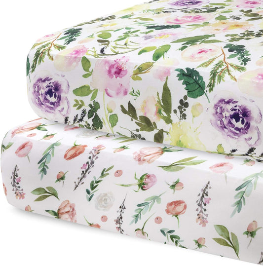 Pobibaby - 2 Pack Premium Fitted Baby Girl Crib Sheets for Standard Crib Mattress - Ultra-Soft Cotton Blend, Safe and Snug, and Stylish Floral Crib Sheet (Allure)