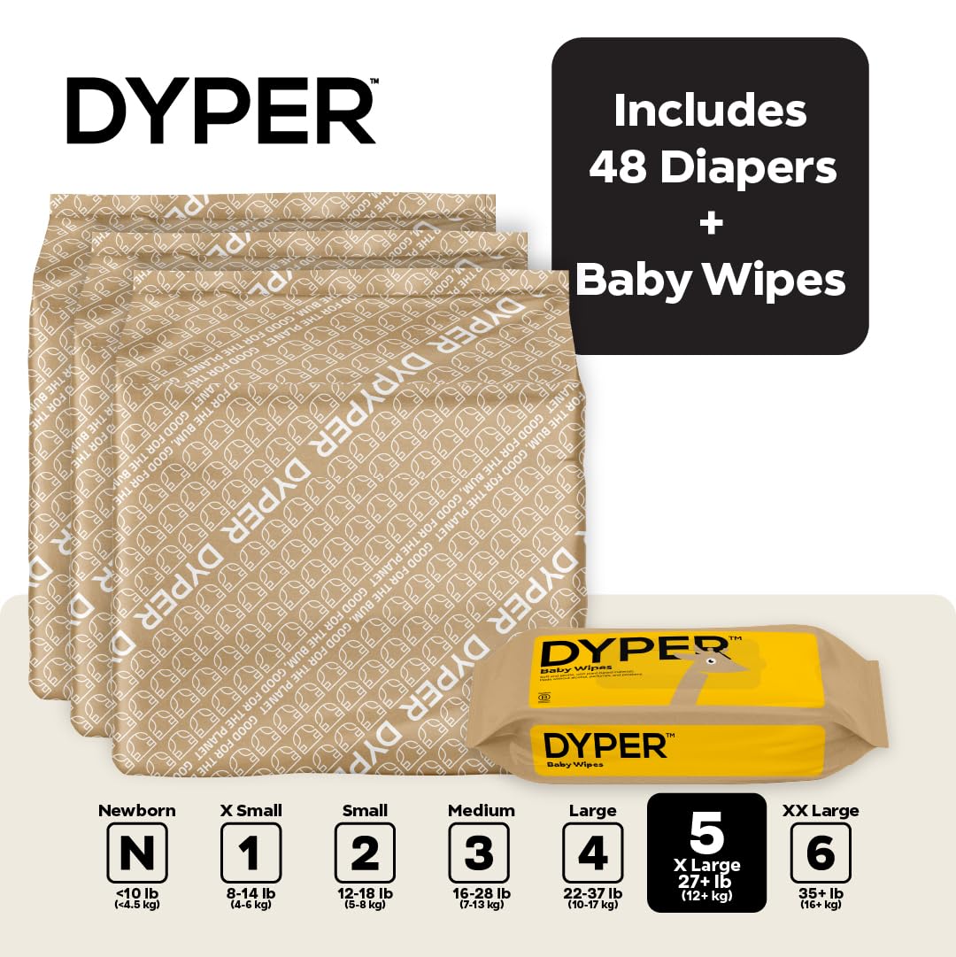 DYPER Viscose from Bamboo Baby Diapers Size 5 + Wipes | Skin-Friendly Ingredients | Cloth Alternative | Day & Overnight | Made with Plant-Based Materials | Hypoallergenic for Sensitive Skin, Unscented