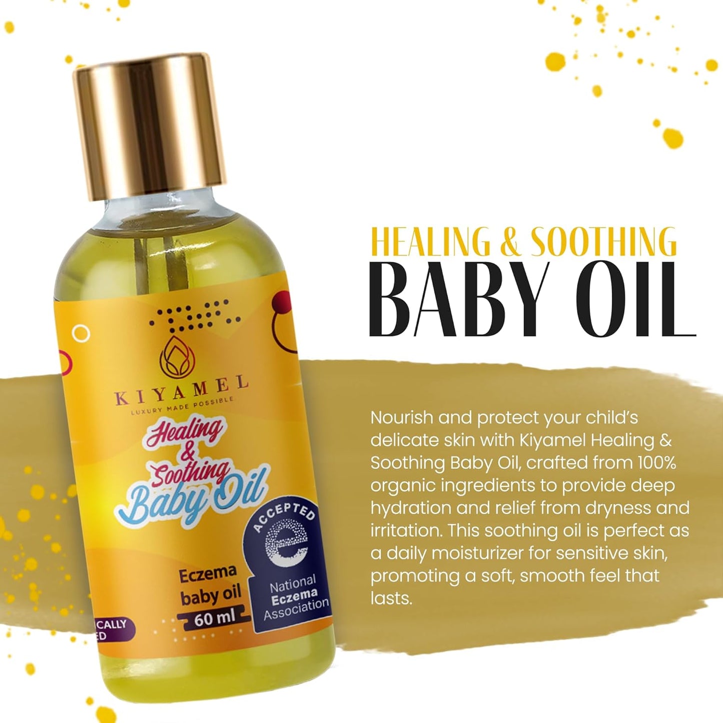 KIYAMEL Healing and Soothing Baby Oil, Fast Absorbing Moisturizer for Sensitive Skin, with Jojoba, Argan & Black Currant Oil, Natural Orange Scent and Vitamin E Enriched