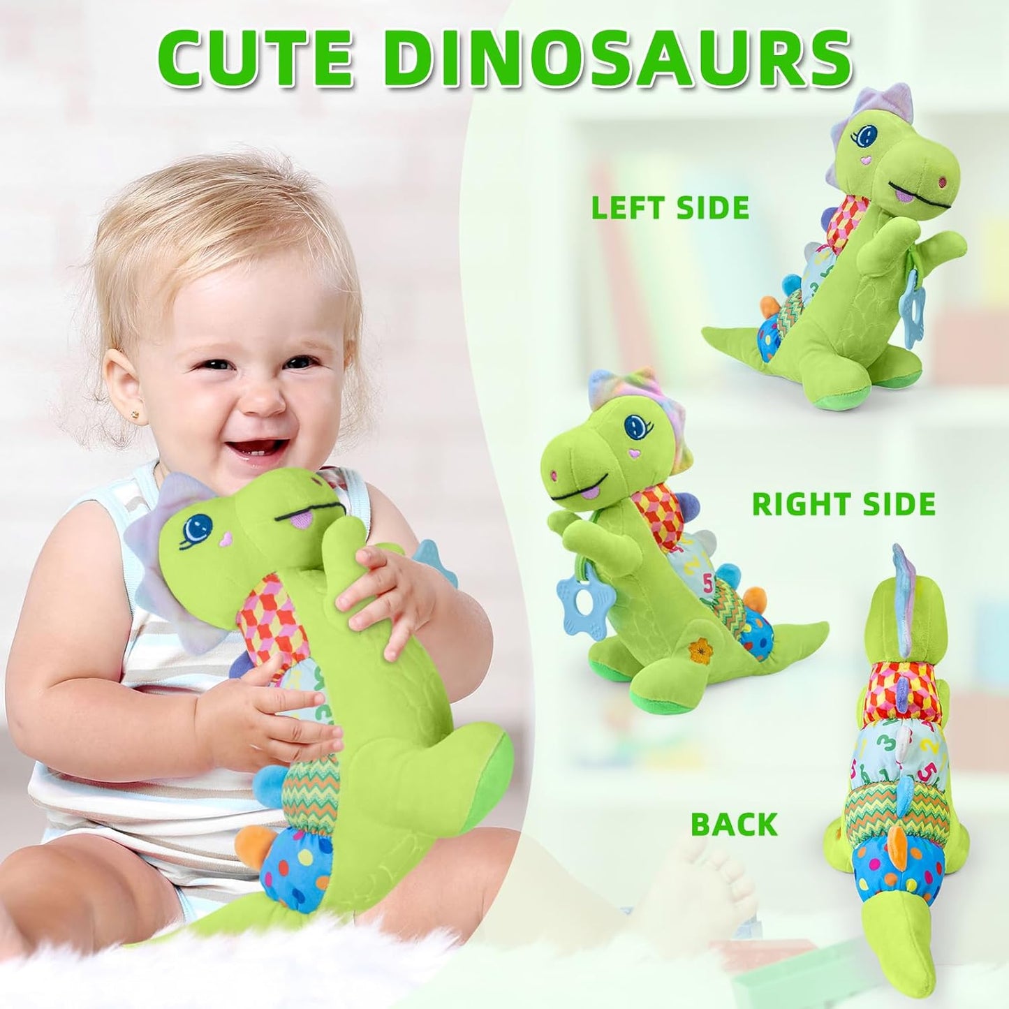 Baby Dino Musical Stuffed Animal Toys for 0-3-6-9-12 Months，Infant Dinosaur Tummy Time Toys with Crinkle Sound Paper,Teether，Textures & Rattles for Newborn Boys Girls Birthday Gifts，Green