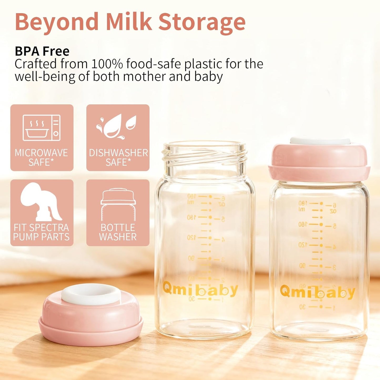 Breast Milk Storage Bottles 180ml 6oz BPA-Free Leak-Proof Nautral Baby Bottle for Breastmilk Storage Wide Neck Bottles with Screw Ring Sealing Disk Breastfeeding (Pink, 180ml-2Packs)