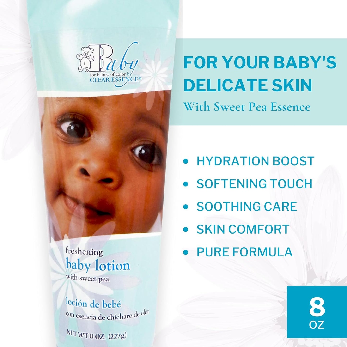 Clear Essence Baby Lotion With Sweet Pea - 8Oz | Baby Skin Care Lotion for Kids - Nourishing Baby Daily Moisturizer for Smooth Skin - Suitable for All Types of Skin - Dermatologist Tested