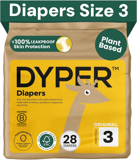 DYPER - Baby Diapers Size 3 (28 Count) - Plant Based Disposable Diapers for Day and Overnight Premium Leak Protection, Skin-Friendly Comfort with Soft Size 3 Diapers (16-28 lbs)