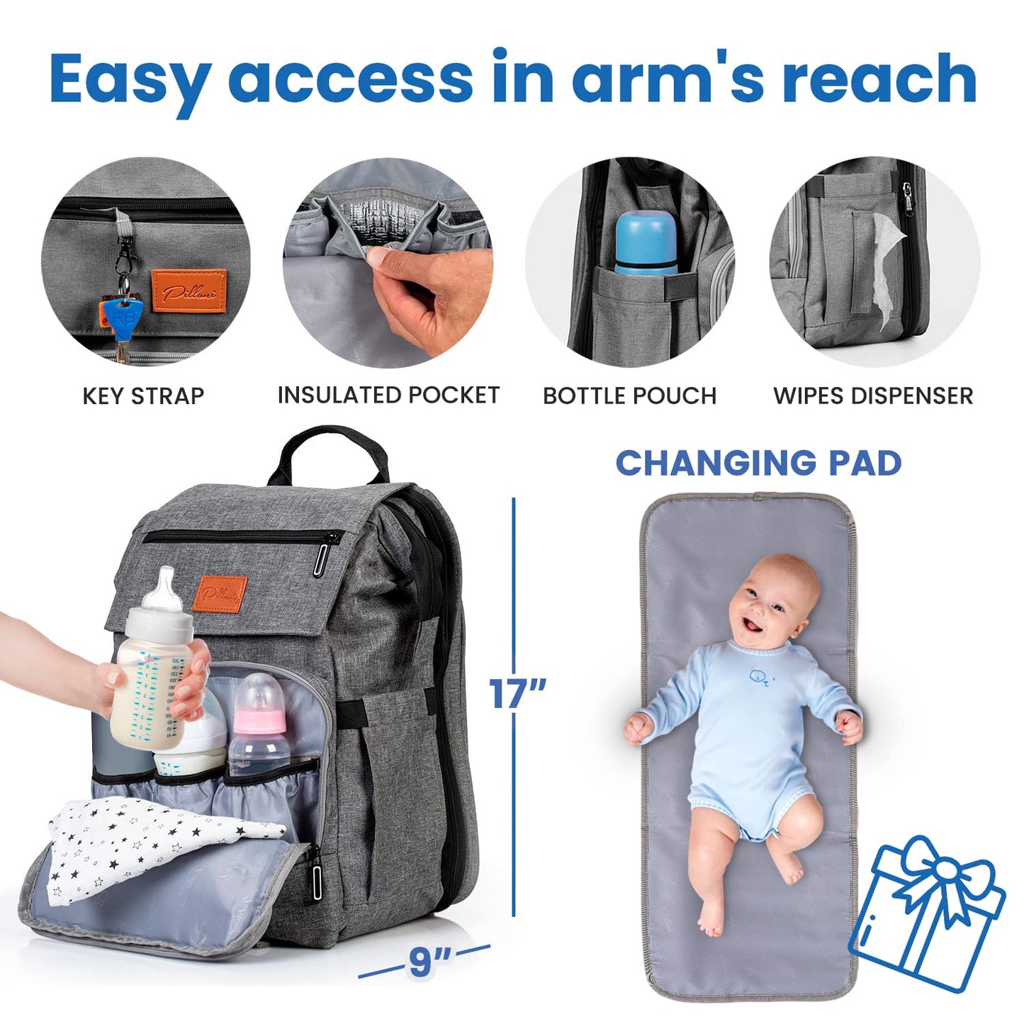 PILLANI Baby Diaper Bag Backpack - Large Bag for Boys & Girls, Waterproof Diaper Backpack - Travel Diaper Bags w/Changing Pad, Baby Registry Search & Shower Gifts - Essentials Must Haves Newborn Stuff