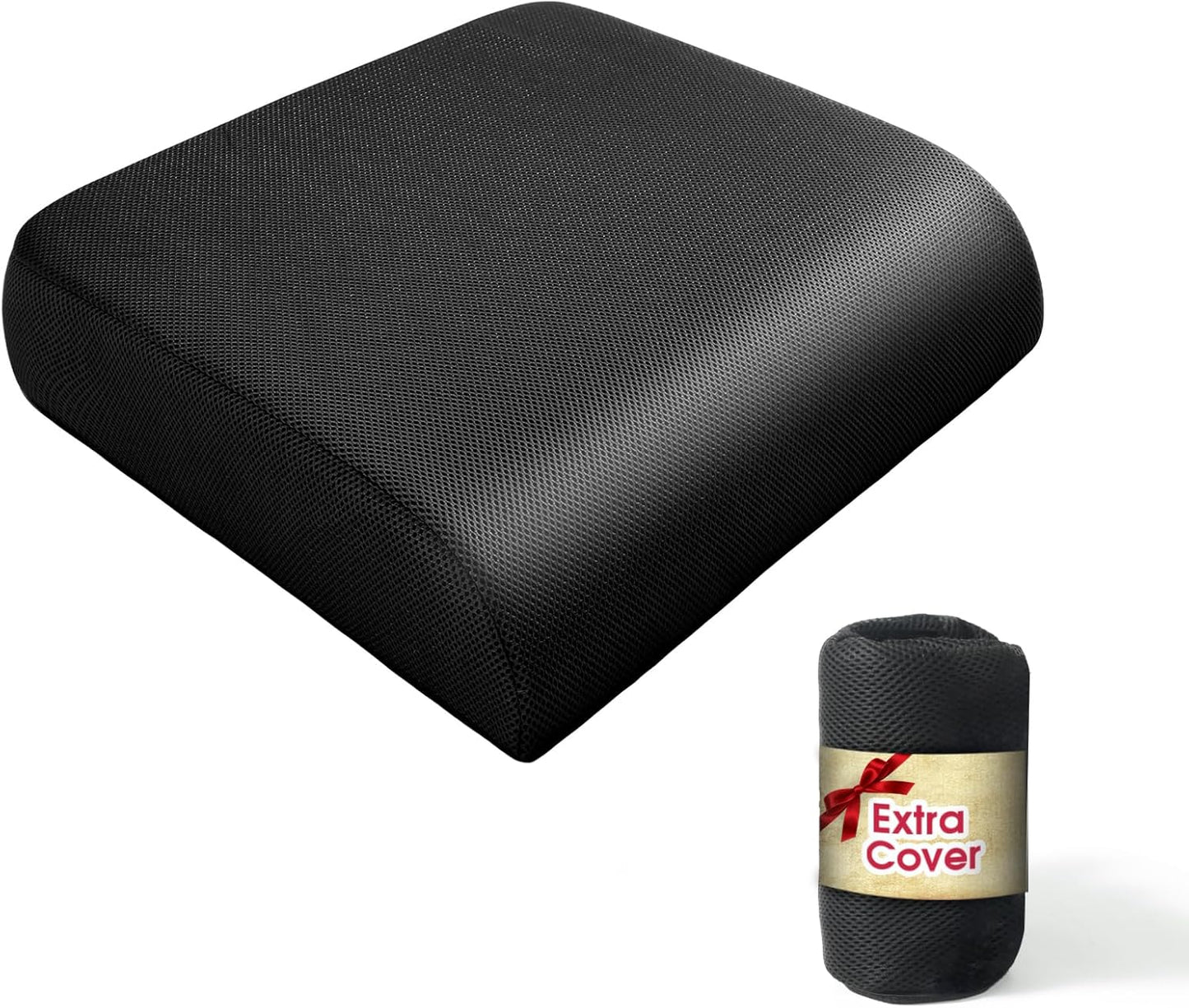 YOUFI Extra Thick Large Seat Cushion with Extra Cover, Gel Memory Foam Cushion with Carry Handle Non Slip Bottom, Pain Relief Coccyx Cushion for Office Chair, 19''x17.5''x4'' (Black Cover)