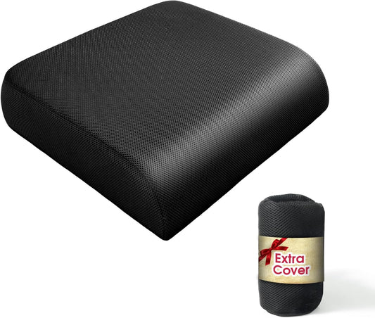 YOUFI Extra Thick Large Seat Cushion with Extra Cover, Gel Memory Foam Cushion with Carry Handle Non Slip Bottom, Pain Relief Coccyx Cushion for Office Chair, 19''x17.5''x4'' (Black Cover)