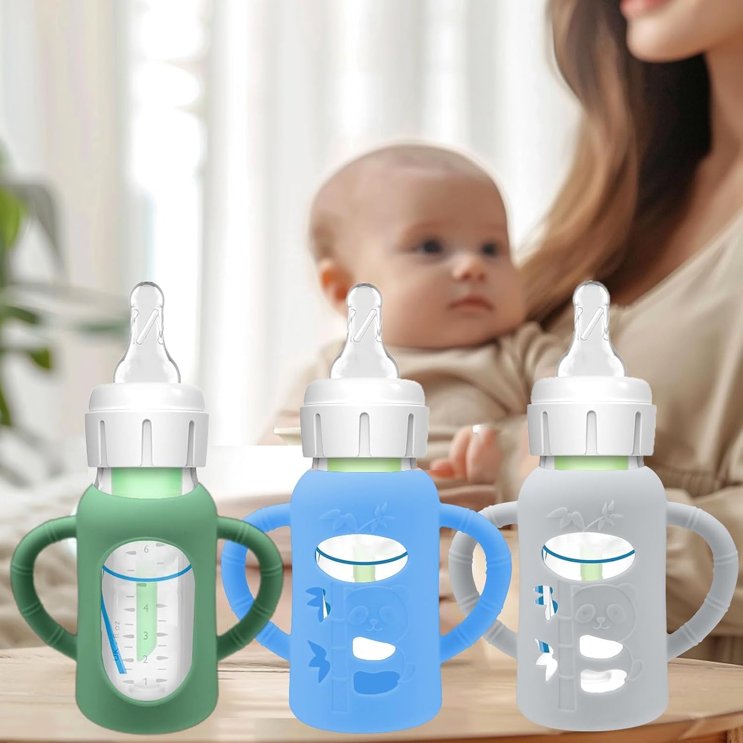 BUSOHA 3 Pack Silicone Sleeves for Dr. Brown's Glass Baby Bottles - Drop Protection Baby Bottle Sleeves Compatible with Dr. Brown's Newborn Glass Bottles with Silicone Handles,4 oz