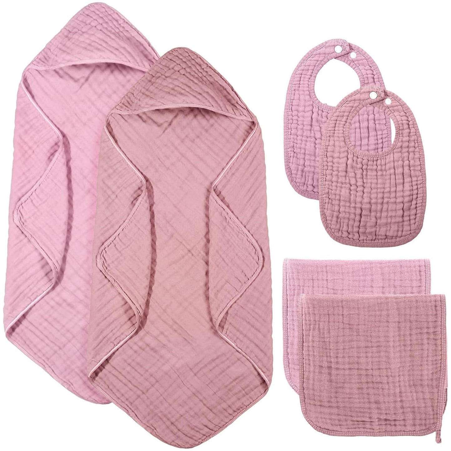 6 Pcs Muslin Hooded Bath Towels Washcloths and Bibs Set, Muslin Cotton Baby Towels Absorbent Hooded Blanket Towel Infant Bibs for Boys Girls Newborn Infant Essentials(Pink,Rose)