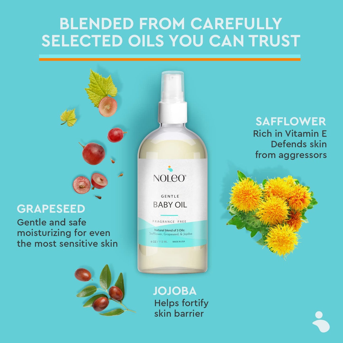 NOLEO Gentle Baby Oil - Calming Baby Oil for Newborn w/Grapeseed, Safflower & Jojoba Baby Skin Care Natural Oils - Baby Oil Organic for Sensitive Skin, No Fragrance & No Perfumes - 4 oz