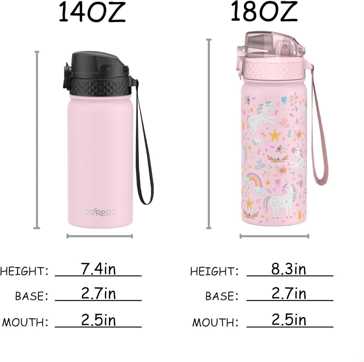 Kids Water Bottle, GOPPUS 14 oz Insulated Water Bottle with Straw, Double Vacuum Leakproof, BPA Free, for Boys and Girls,Pink Unicorn