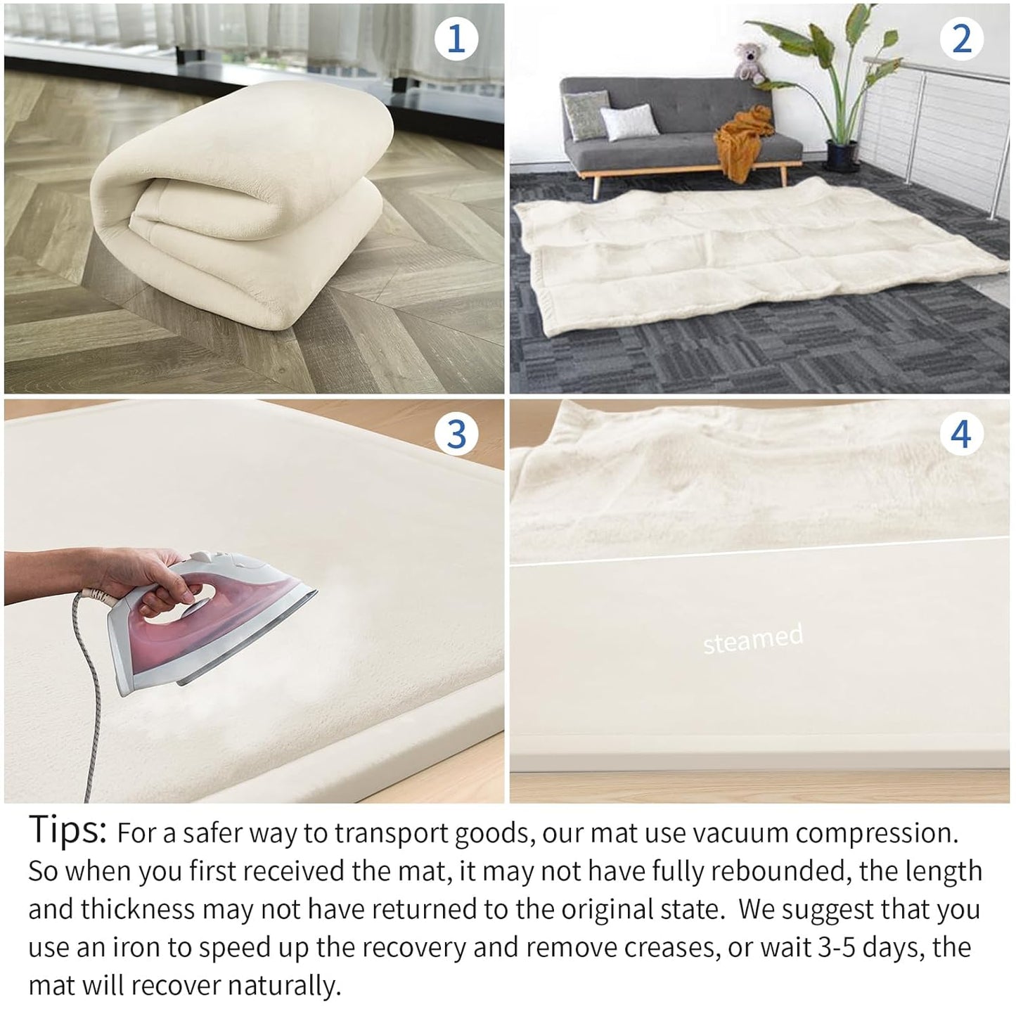 Baby Play Mat for Floor,1.3" Thick Elasti-Foam 50x50 Playpen Mat for Toddlers Infant Kids,Water-Repellent Soft Coral Velvet for Tummy Time,Non-Slip Backing for Crawling,Tatami Style(Cream)