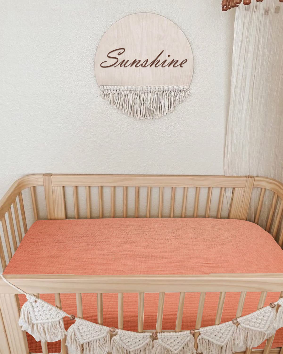 Mini Crib Sheets for Baby, Fitted Pack N Play Mattress and Mini Cribs 24" x 38", Neutral Muslin Cotton Mini Crib Mattress Sheet with Boho Style, Soft and Breathable Comfort (Brick)