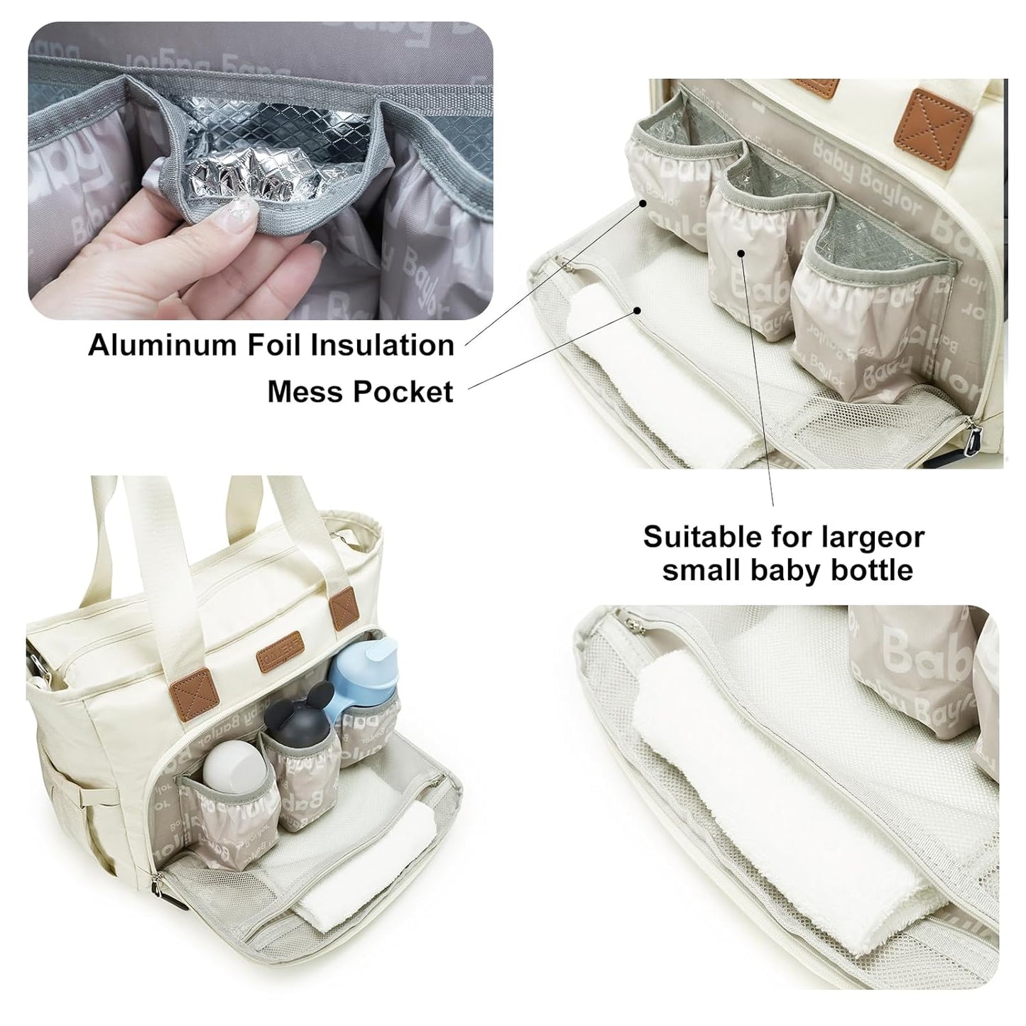 Tote Diaper Bags, Baby Diaper Handbag with 15.6 Inch Laptop Compartment, Travel Diaper Bag with Insulated Pocket Ideal for Baby Registry (Beige)