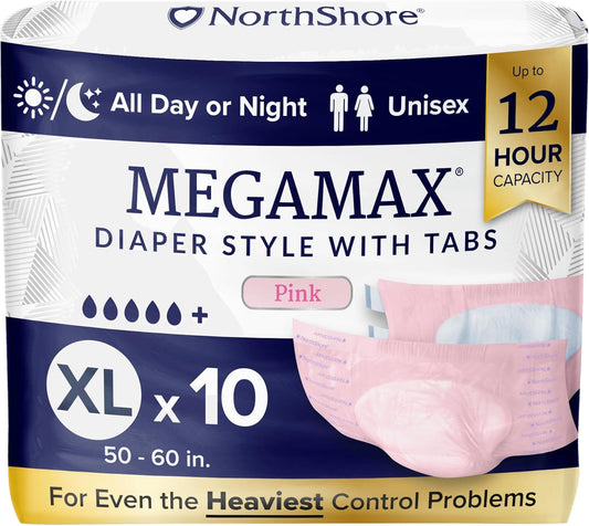 NorthShore MegaMax Adult Overnight Diapers, 12-Hour Tab-Style, X-Large, 10 Count Bag, Pink, 50-60 inches, Unisex Incontinence Underwear