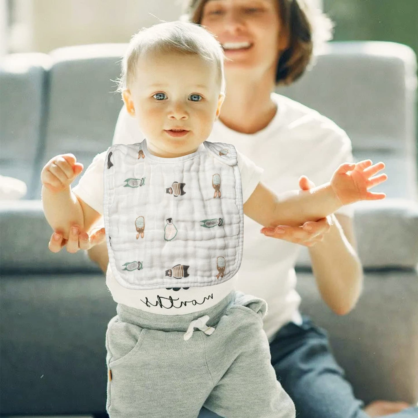 Zainpe 6Pcs Snap Muslin Cotton Bibs for Baby Bear Fox Deer Dog Bib Adjustable Machine Washable Burp Cloths with 6 Absorbent Soft Layers for Unisex Infant Newborn Toddler Drooling Feeding Teething