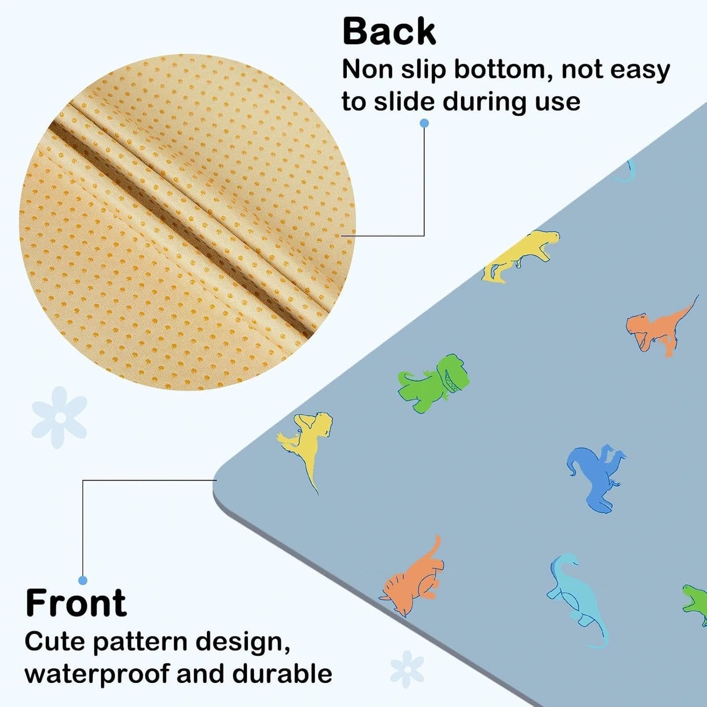 Splat Mat for Under High Chair 42 x 42 Inch Waterproof Baby Splash Mat with Non Slip Bottom Reusable Portable Highchair Mat for Floor Food Catcher for High Chair, Blue Dinosaur