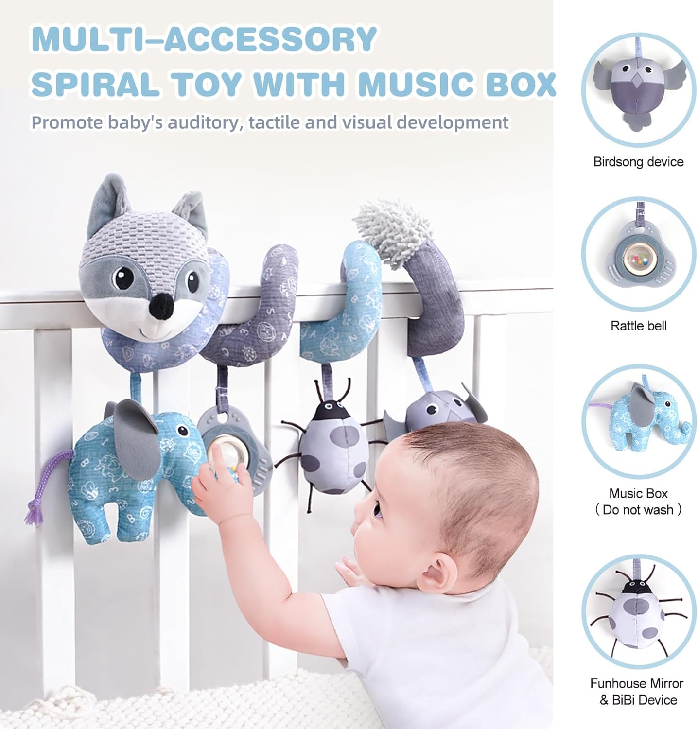 Jollybaby Crib Stroller Car Seat Toys for Baby 0-3-6-9-12 Months, Tummy Time Hanging Sensory Toys for Newborn with Music Box and Teether, Spiral Carseat Toy for Infant Boys Girls Gifts (12-Grey Fox)