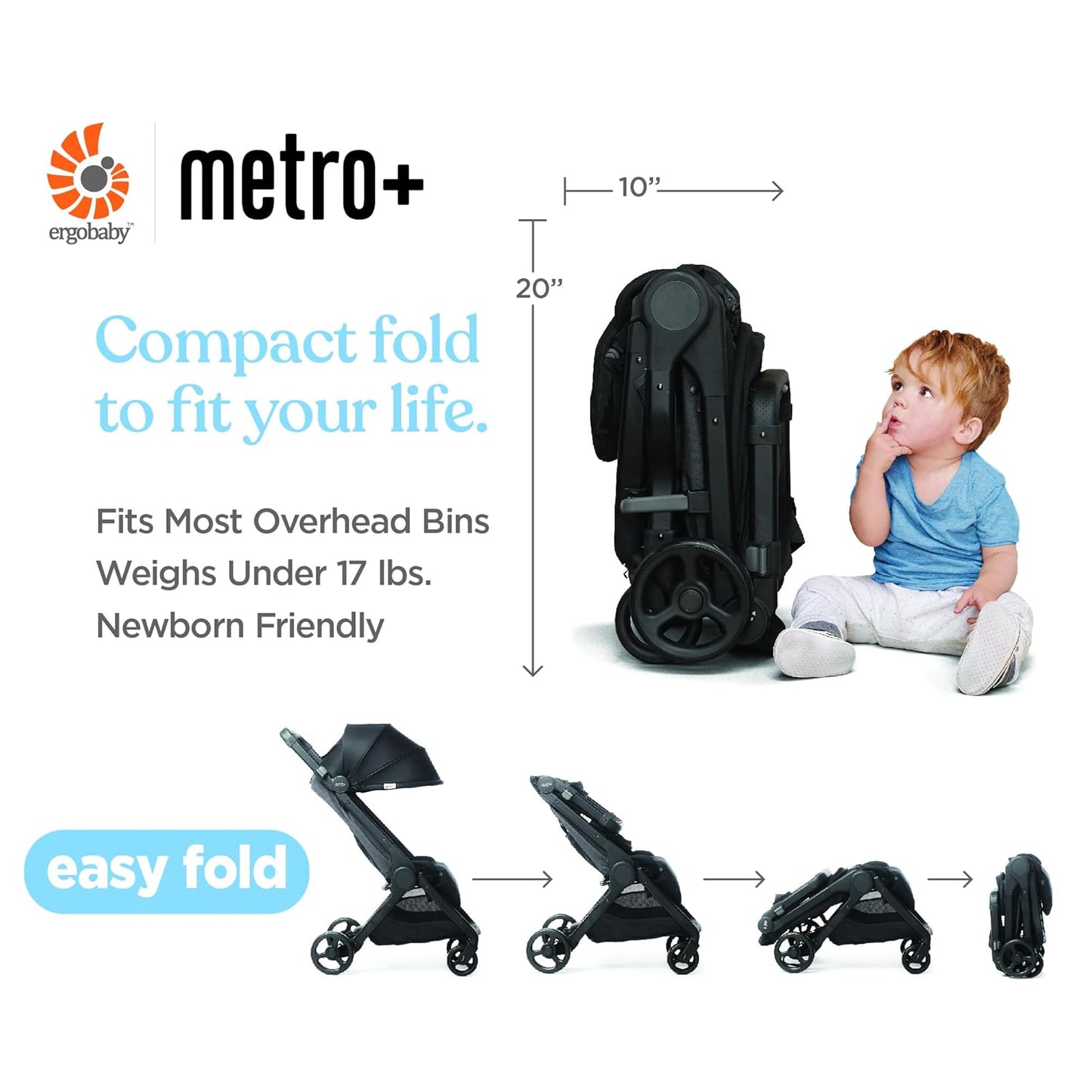 Ergobaby Metro+ Compact Baby Stroller, Lightweight Umbrella Stroller Folds Down for Overhead Airplane Storage (Carries up to 50 lbs), Car Seat Compatible, Slate Grey