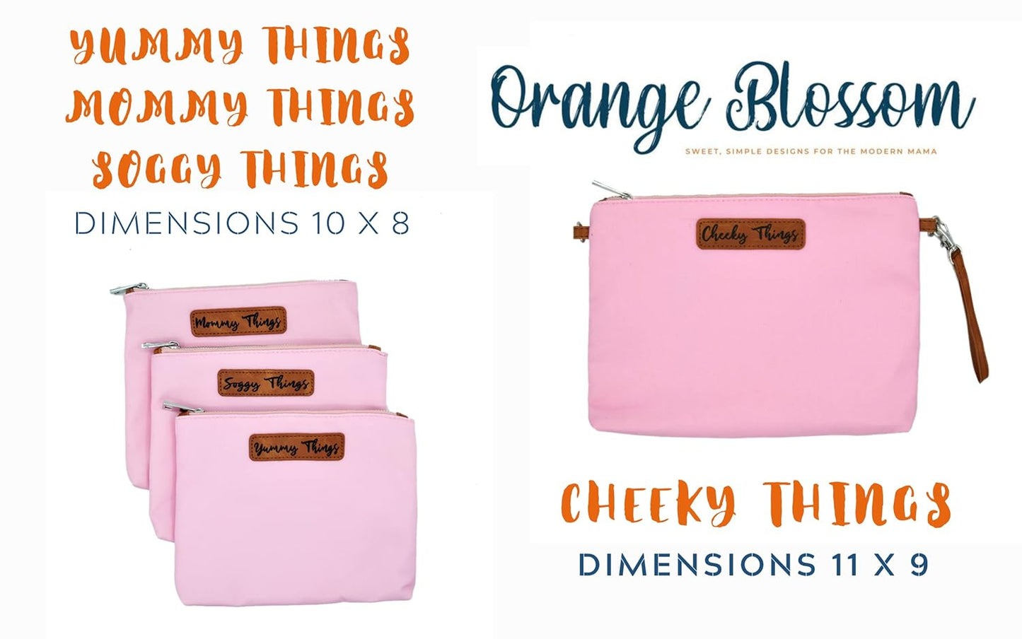 Stylish Diaper Bag Organizing Pouches - XL Set of 4 Pink Canvas Diaper Bag Pouches with Leather Embossed Labels, Leather Wristlet Strap & Durable Metal Zippers