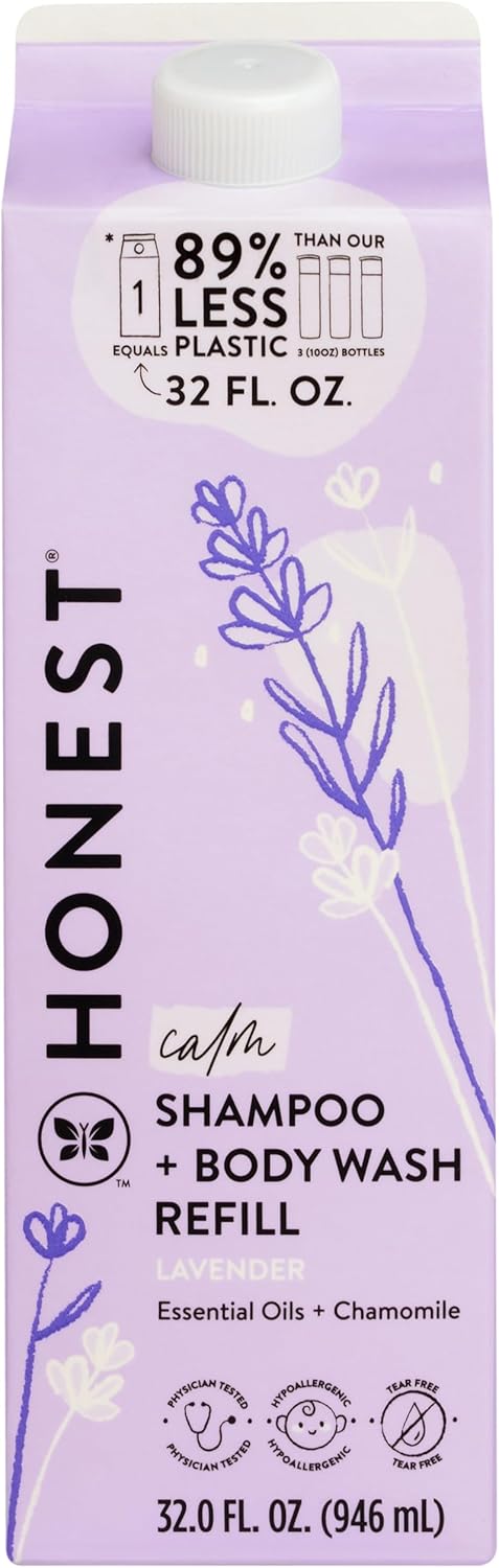 The Honest Company 2-in-1 Cleansing Shampoo + Body Wash Refill Carton | Gentle for Baby | Naturally Derived, Tear-free, Hypoallergenic | Lavender Calm, 32 fl oz