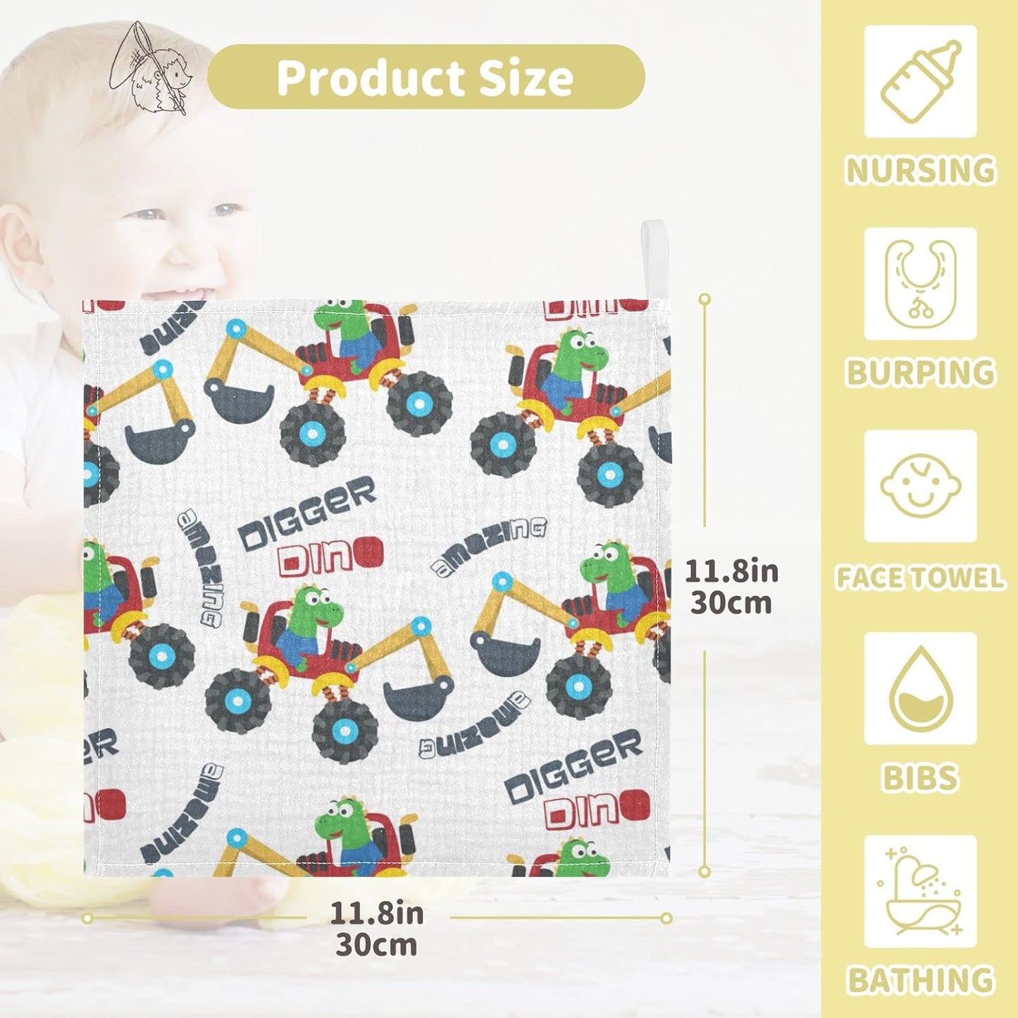 Dinosaurs Monster Truck Baby Muslin Washcloths Cartoon Burp Cloths Soft Absorbent Baby Wash Cloth Fingertip Face Towels for Newborn Boys Girls 12 x 12 in, 5 Pack