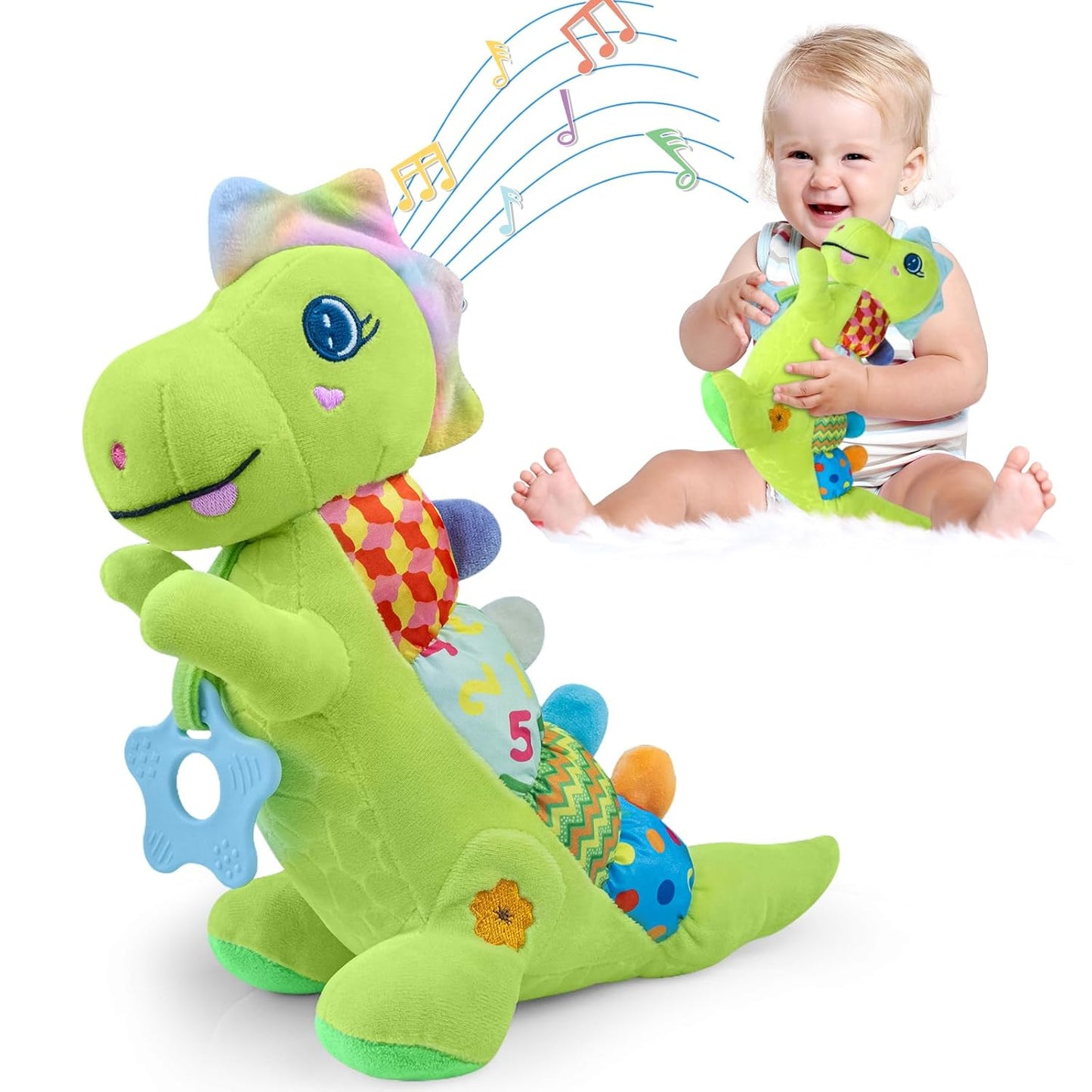 Baby Dino Musical Stuffed Animal Toys for 0-3-6-9-12 Months，Infant Dinosaur Tummy Time Toys with Crinkle Sound Paper,Teether，Textures & Rattles for Newborn Boys Girls Birthday Gifts，Green