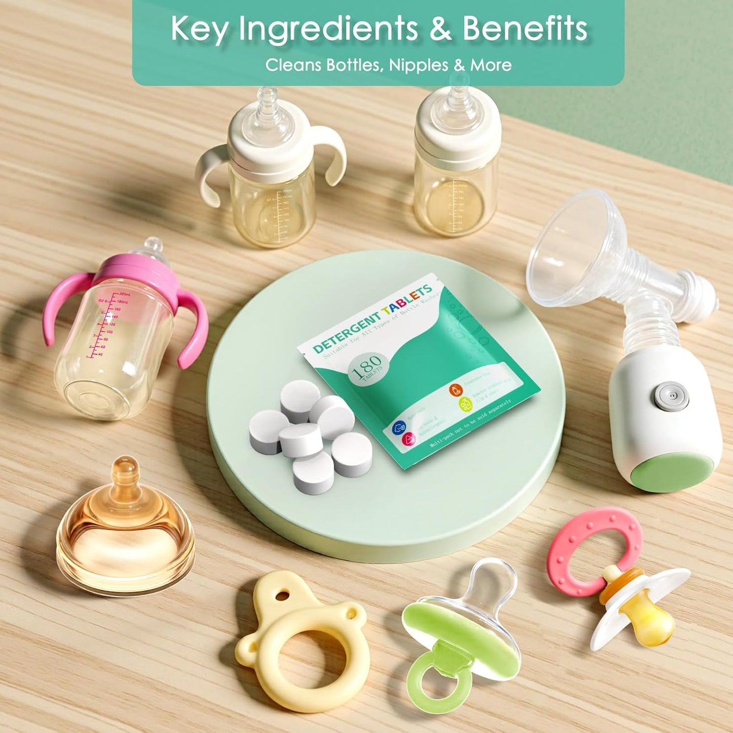 Baby Bottle Washer Detergent Tablets for Momcozy Pro, Baby Brezza, Bottle Cleaner Washers Sterilizers & Dryers, Baby-Safe Natural Formula, Professional Cleaning Power for Bottles & Nipples, 180PCS