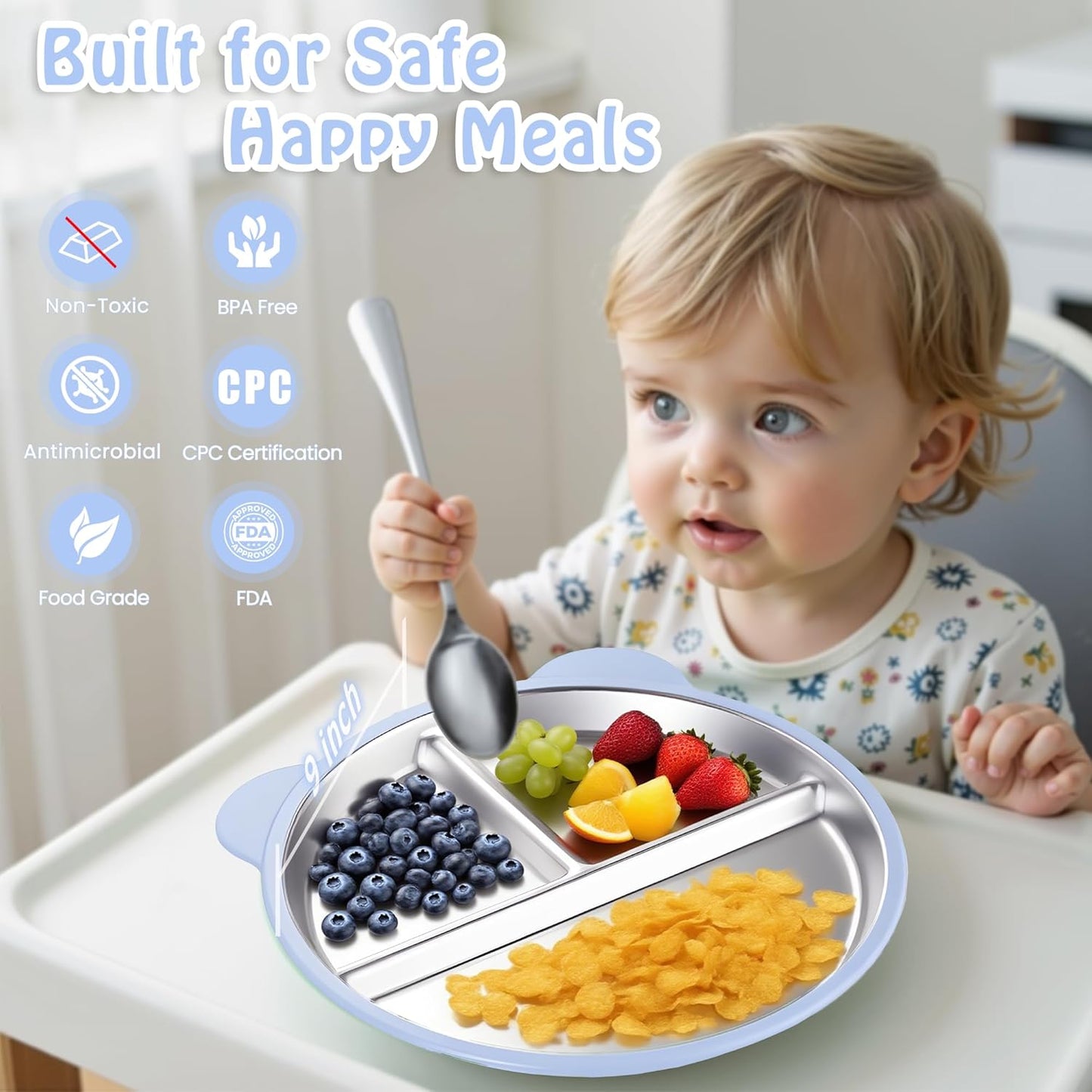 Stainless Steel Kids Plate with Suction Set of 2, 9″ Toddler Divided Plates with Removable Non Slip Silicone Sleeves, Stackable Non-Toxic Baby Self Feeding Dishes, Baby Blue & Light Gray