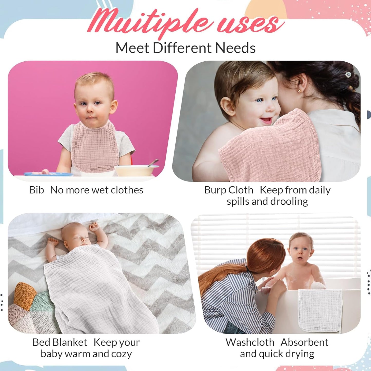 6 Pcs Muslin Hooded Bath Towels Washcloths and Bibs Set, Muslin Cotton Baby Towels Absorbent Hooded Blanket Towel Infant Bibs for Boys Girls Newborn Infant Essentials(Pink, Light Pink)