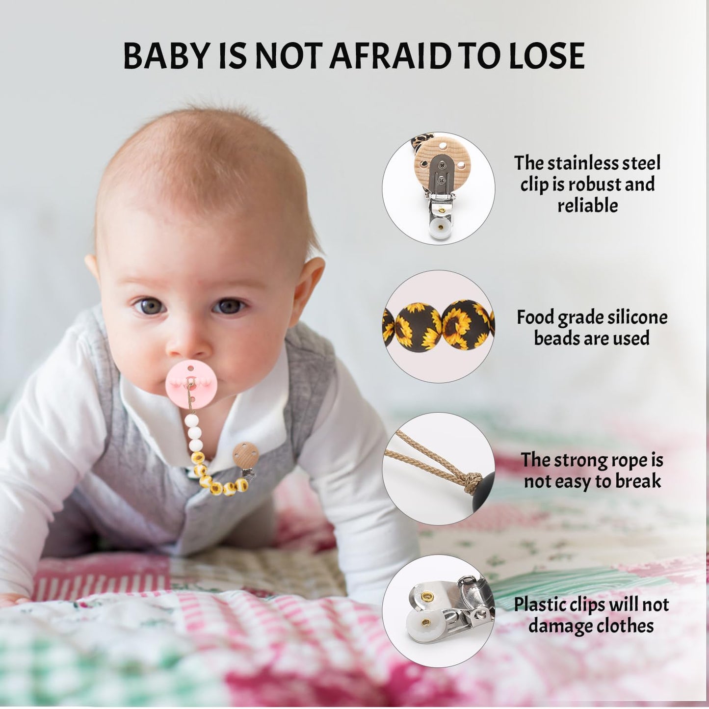 Pacifier Clips, 2PCS Silicone Soother Clips, BPA Free Pacifier Clip Pacifier Holder for Newborn Baby Boy Girl Gifts, Sunflower