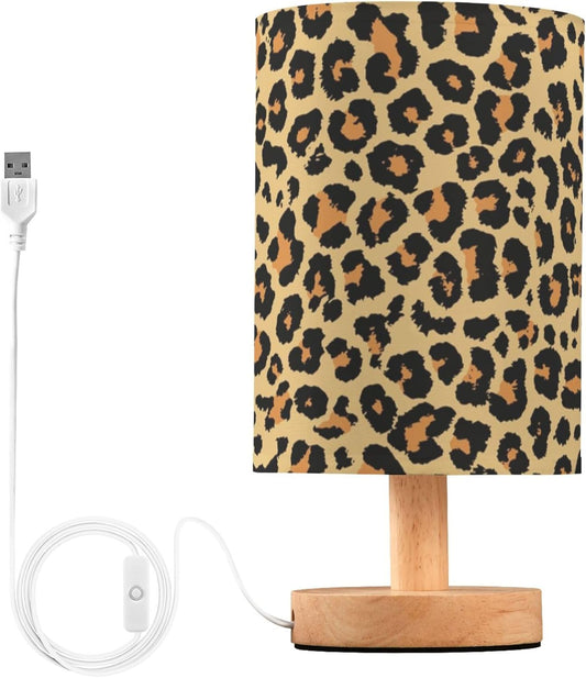 Table Lamp Leopard Print Wild Animal Skin Scale Design Pattern Nightstand Lamp with Wood Base Fabric Lamp Shade Bedside Desk Lamp for Living Room Bedroom Kids Room Office