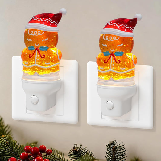 2 Pack Christmas Night Light Plug into Wall Glitter Water Nightlight with USB/Outlet Options, Christmas Gingerbread Decorative Nightlight for Bedroom Kitchen Holiday Decorations Gifts (Gingerbread)