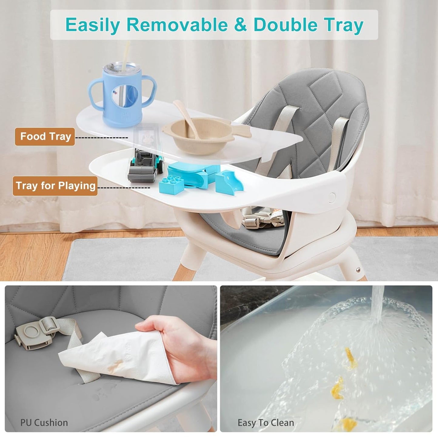 High Chair, 6 in 1 Wooden Convertible High Chairs for Babies and Toddlers, Booster Seat with Double Tray & Reversible Footrest Baby Highchair, 5-Point Harness Baby Feeding Chair, Grey