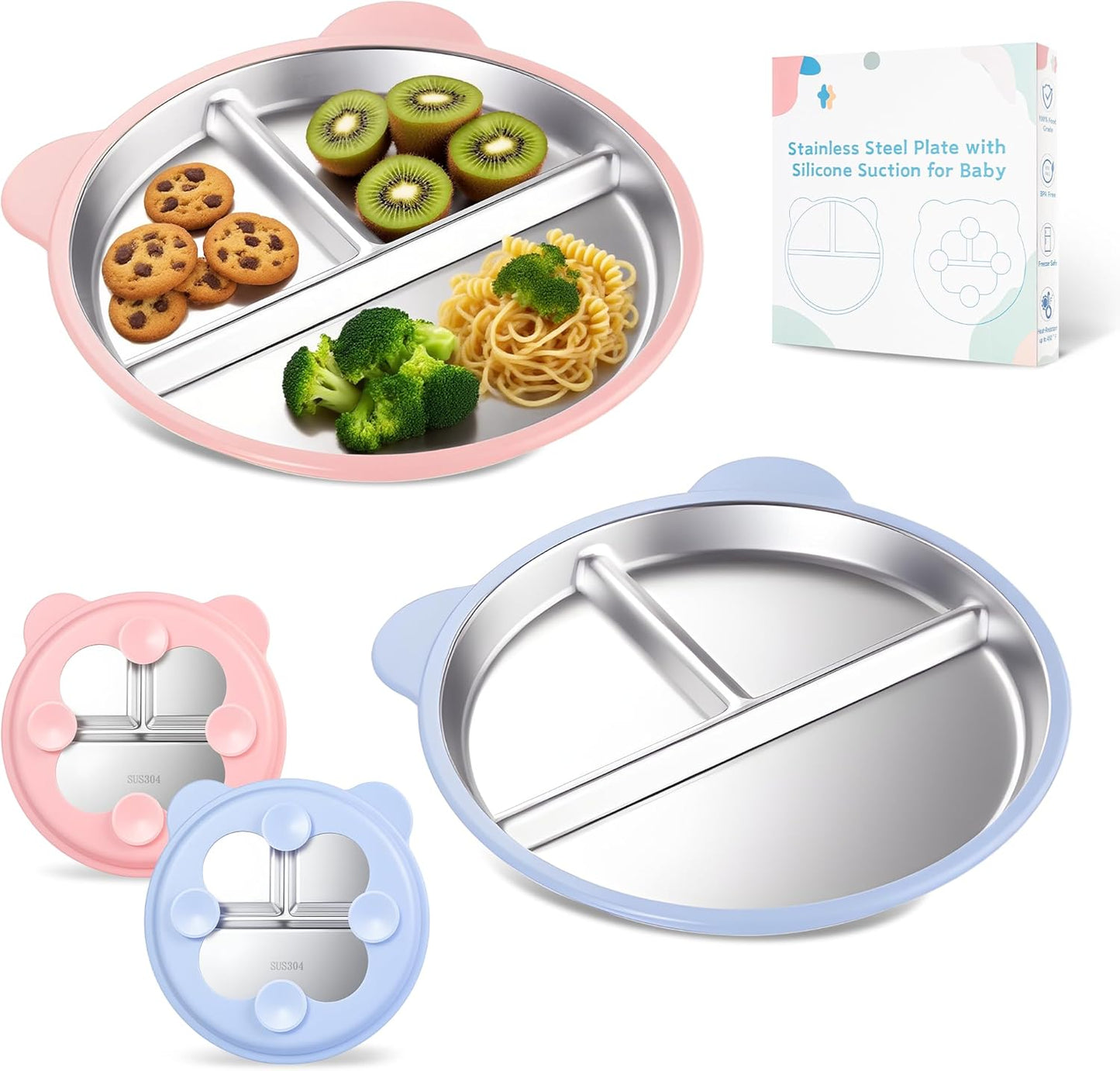 Stainless Steel Kids Plate with Suction Set of 2, 9″ Toddler Divided Plates with Removable Non Slip Silicone Sleeves, Baby Snack Dishes, Non Toxic and BPA Free, Light Pink & Baby Blue