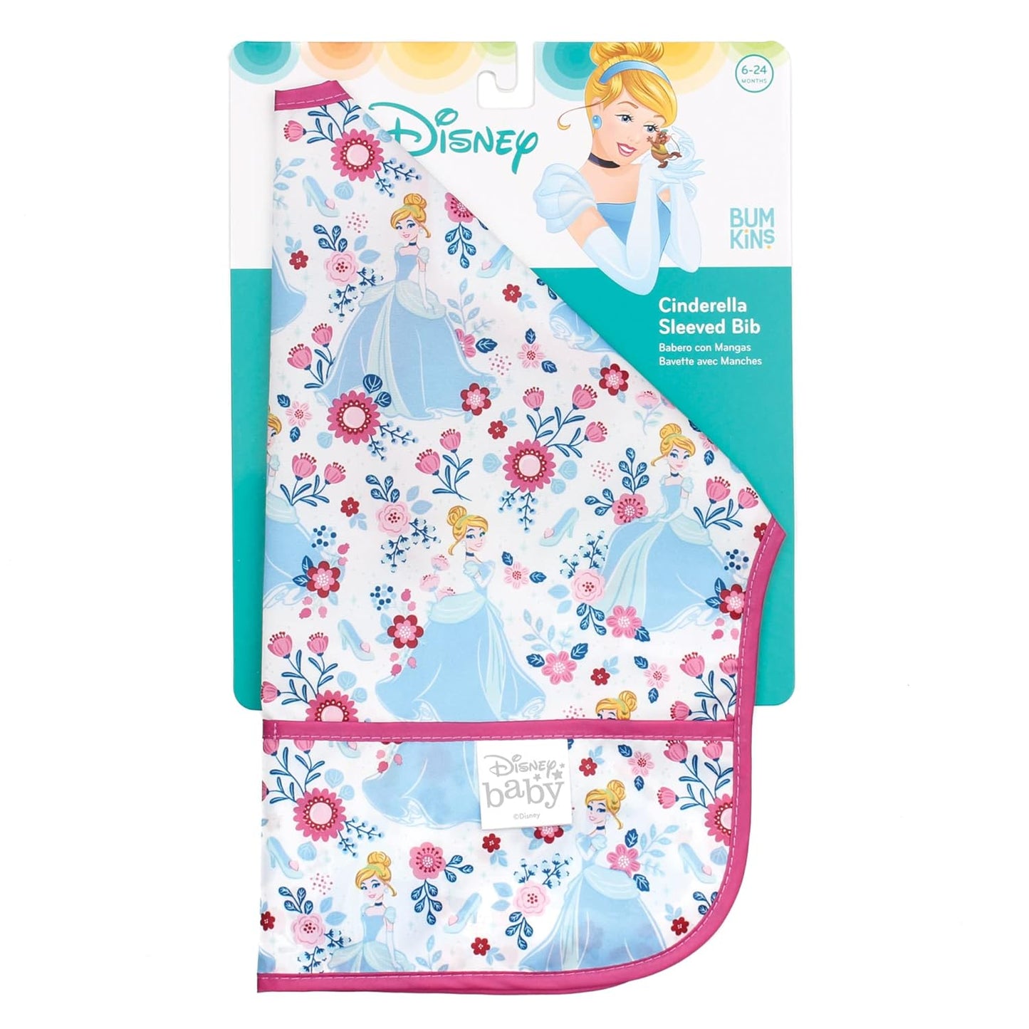 Bumkins Disney Bibs, Baby and Toddler Girls and Boys 6-24 Months, Long Sleeve, Essential Must Have for Eating, Feeding, Mess Saving Lightweight Waterproof Fabric Sleeved Smock, Cinderella