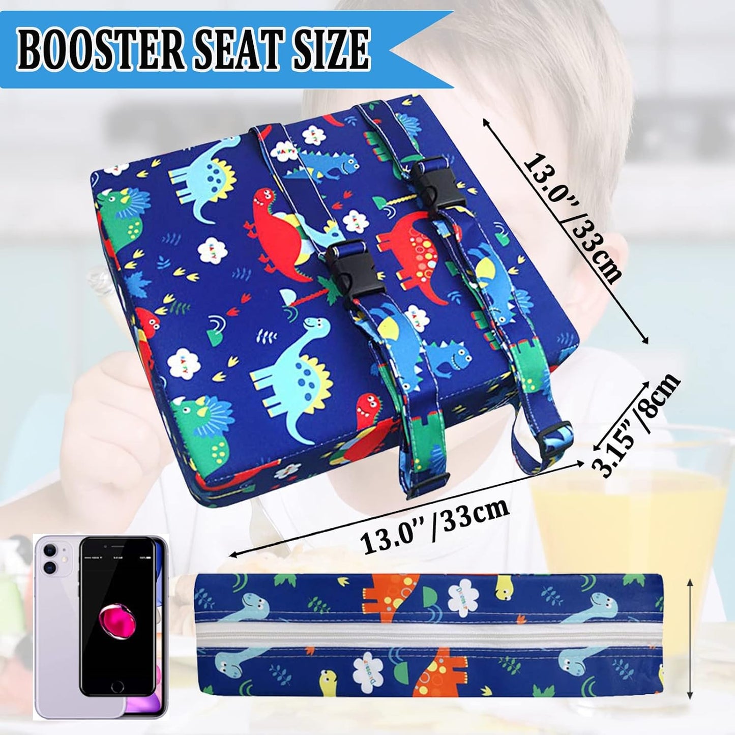 Taeku Booster Seat for Dining Table, Portable Kids Toddler Booster Chair Increasing Cushion Cartoon Seat Pad with 2 Safety Buckles for Kitchen Restaurant (Dinosaur Blue)
