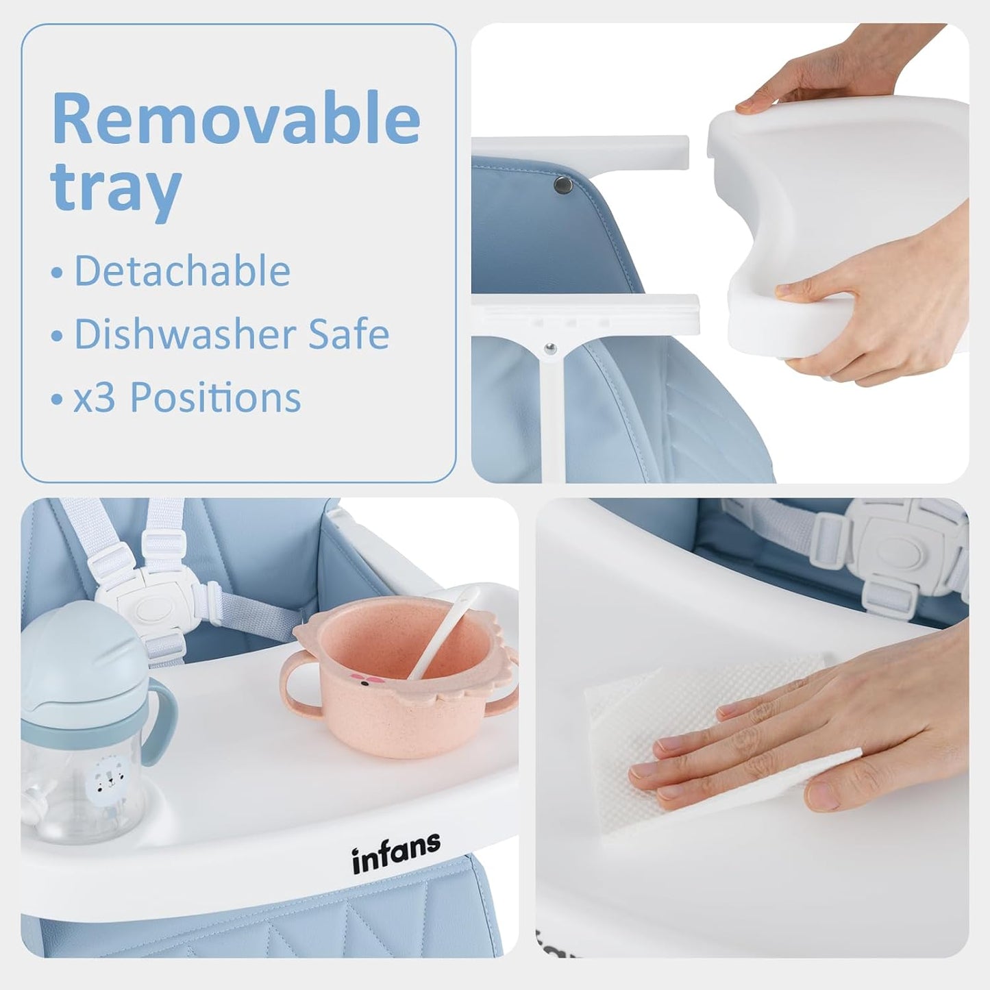 INFANS Baby High Chair, Quick Folding Portable Highchair for Babies and Toddlers with Adjustable Footrest Removable Dishwasher Tray PU Seat, Compact Highchairs for Baby Age 6-36 Months (Blue)