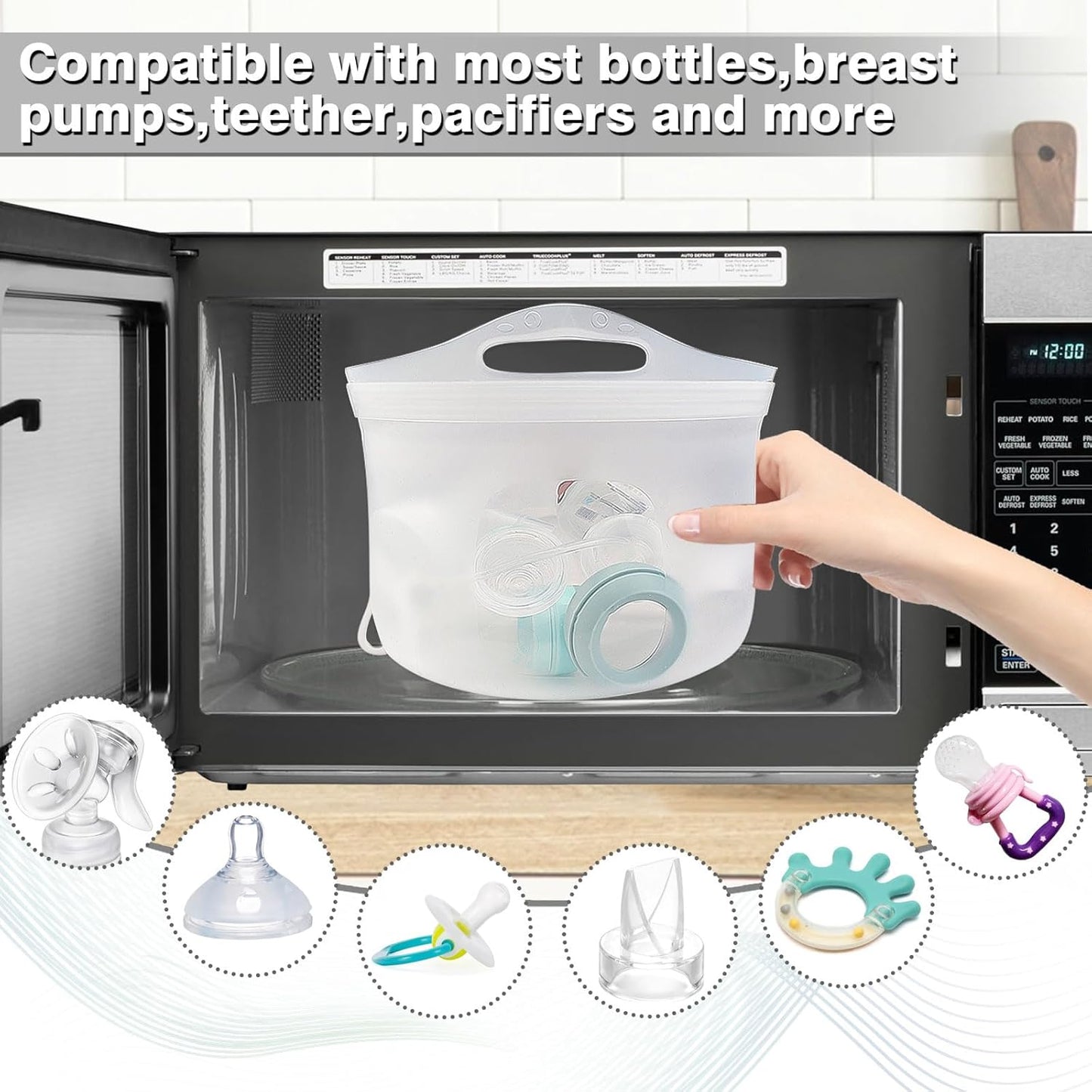 2L Silicone Microwave Steam Sterilizer Bag for Baby Bottles, Reusable Sterilizing Bag for Breast Pump Accessories, Pacifiers and Teethers, Great for Home and On-The-Go