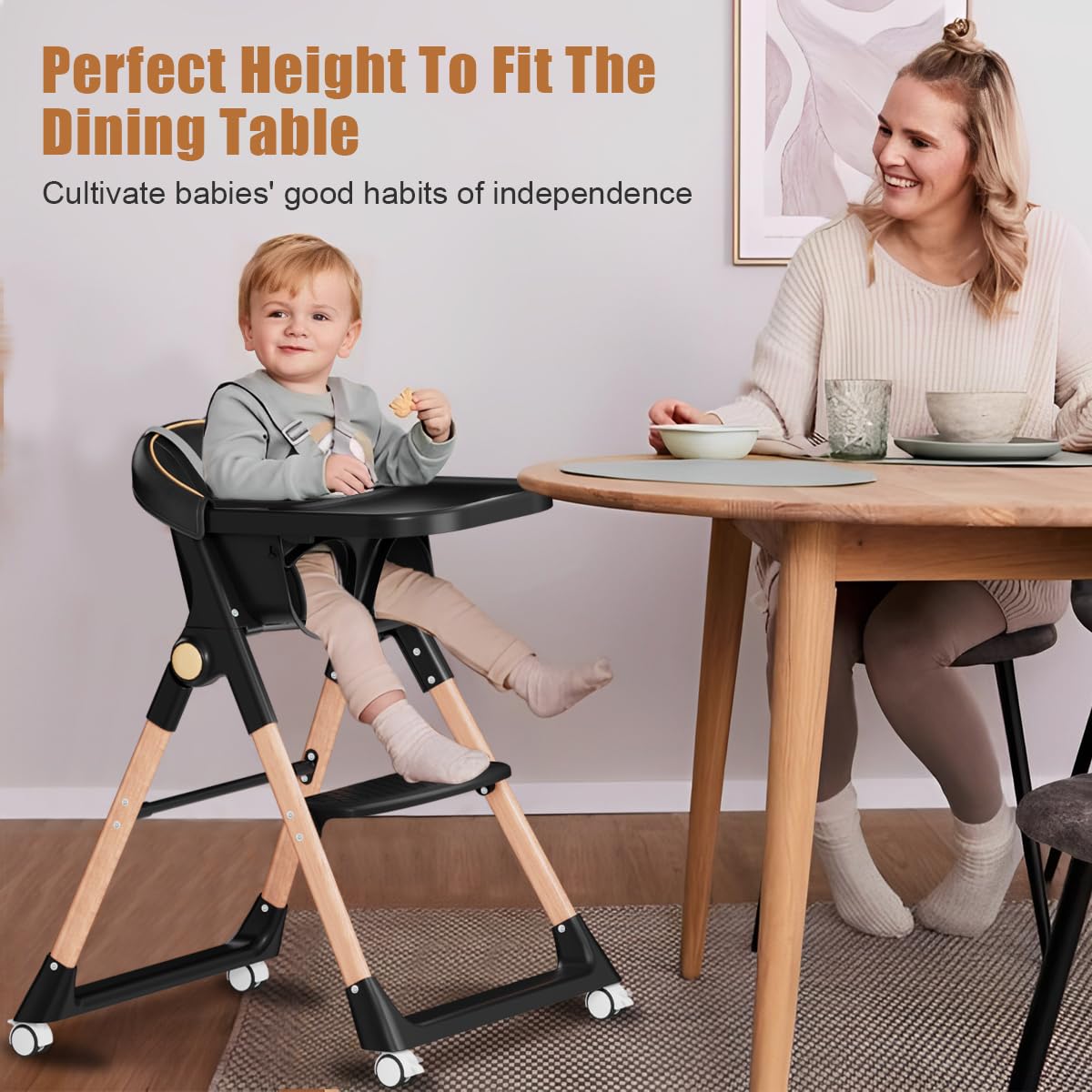 Baby High Chair, High Chairs for Babies and Toddlers, Convertible Folding High Chair with Removable Tray 5 Point Harness Footrest Detachable PU Cushion, Portable Highchair for Baby Toddlers