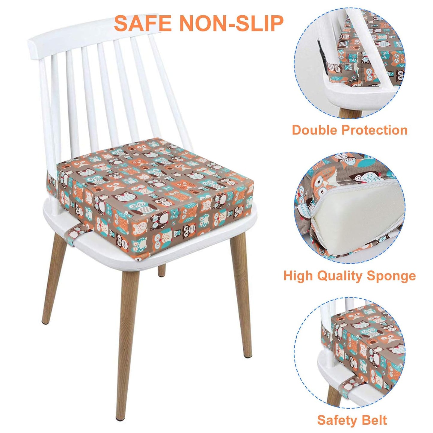 Taeku Booster Seat for Dining Table, Portable Kids Toddler Booster Chair Increasing Cushion Cartoon Seat Pad with 2 Safety Buckles for Kitchen Restaurant (Owl Orange)
