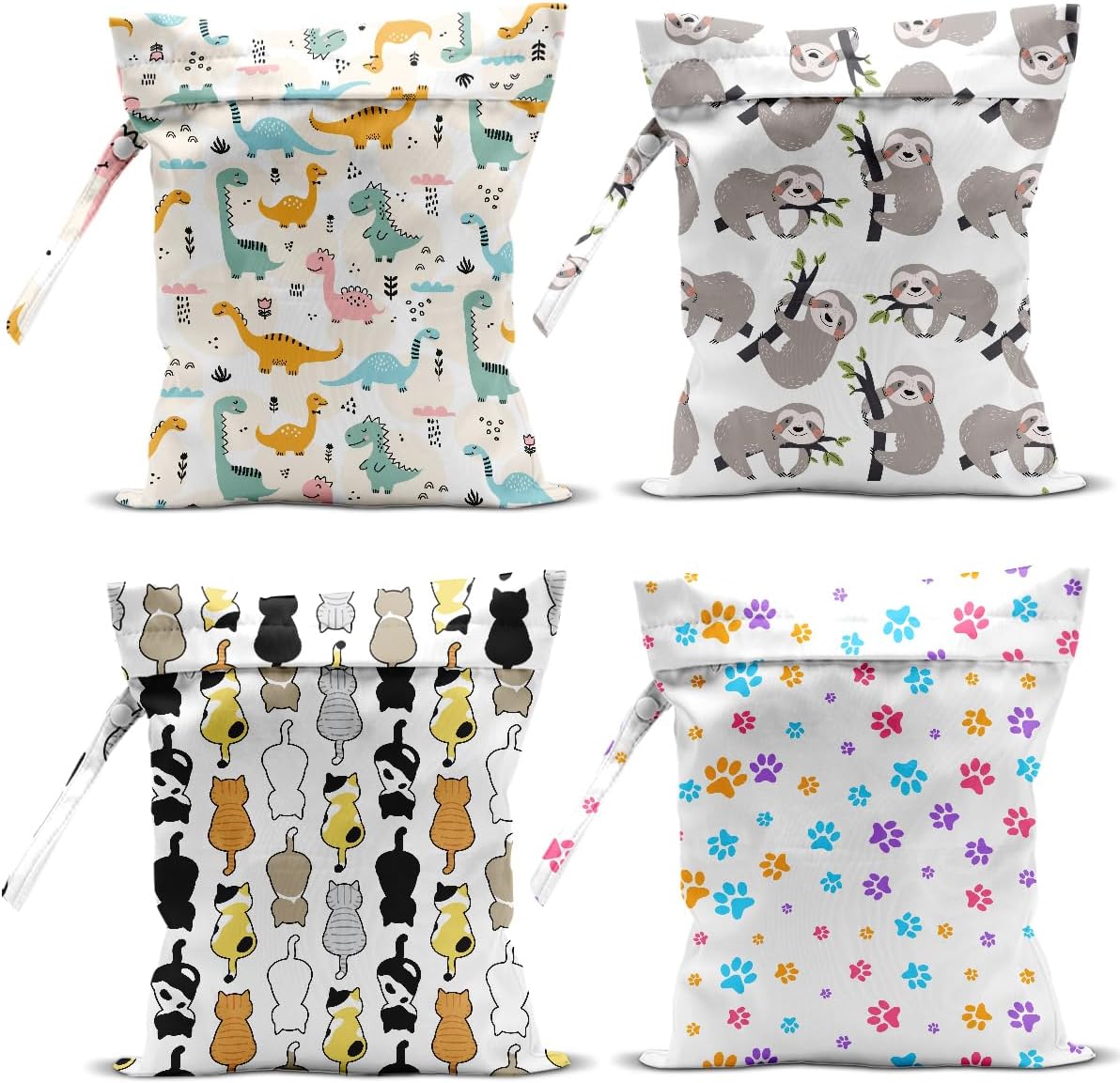 4 Pack Wet Bag for Swimsuit, Beach Travel Essentials Wet Dry Bag, for Sunscreen Toiletry Dirty Clothes Yoga Gym Diaper, Friend Summer Beach Vacation Gifts. Dinosaurs, sloths, dogs