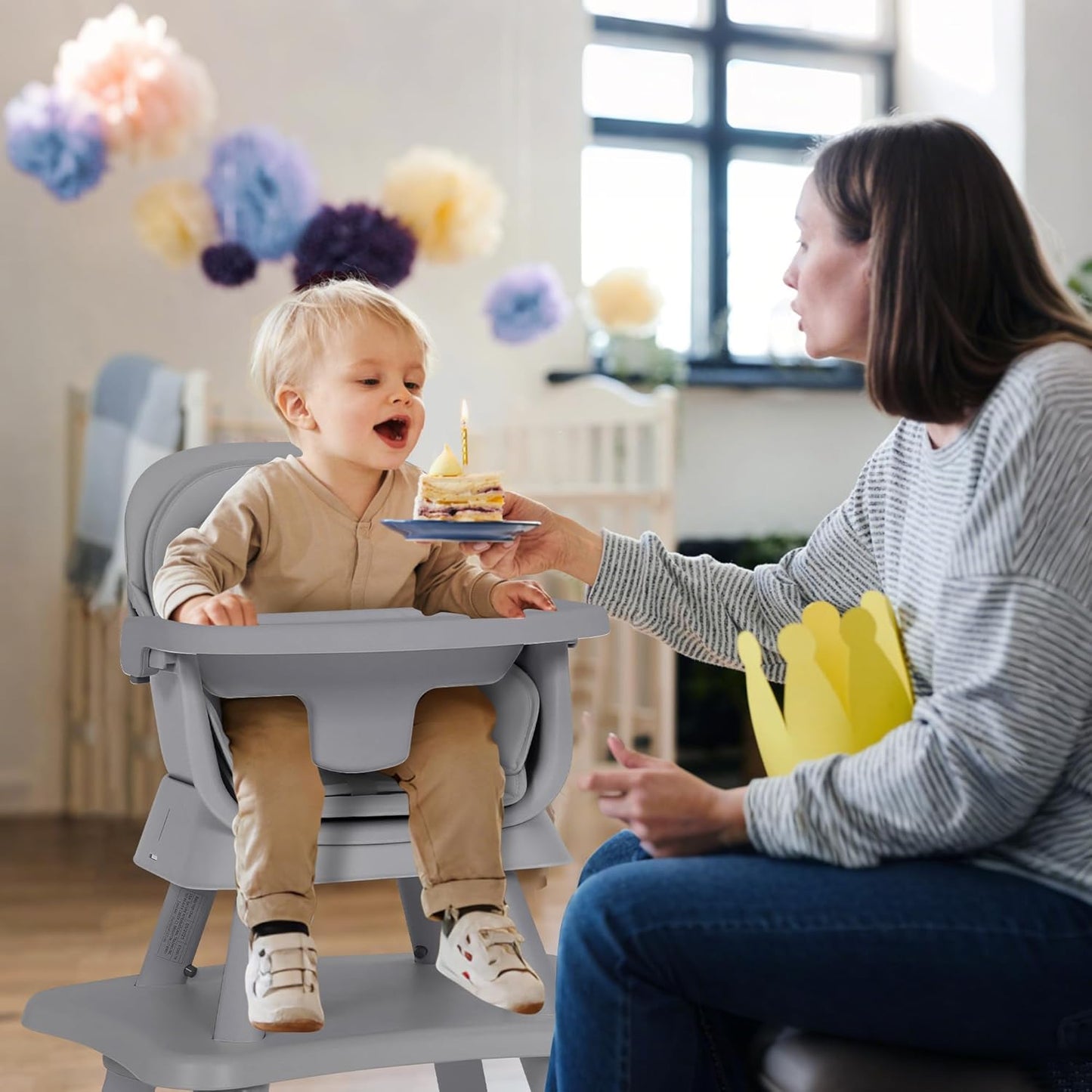 8 in 1 Baby Highchair, Convertible High Chair for Babies and Toddlers, Booster Seat w/5-Point Safety Belt, Toddler Building Block Table, Dishwasher Safe Tray, No Tool Install, Gray