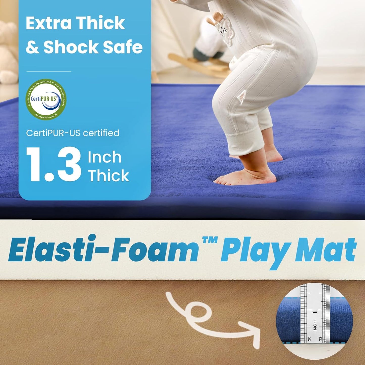 1.3" Thick Baby Play Mat for Floor, 28x72 Foam Tummy Time Mat, Padded Support Soft Plush Bedside Rugs for Infant Kids Toddler Crawling Kick Activity (Royal Blue)