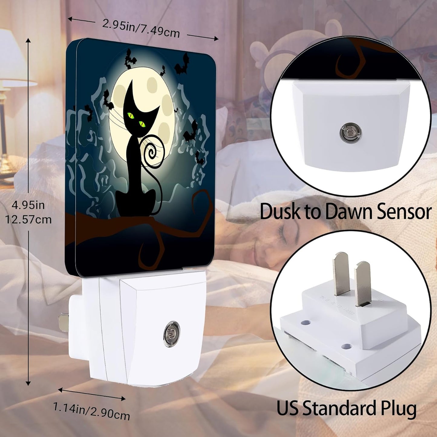 Black Cat Fantasy Halloween Night Light, Full Moon Bats Night Lights Plug into Wall Decorations for Bedroom, Bathroom, Kitchen, Dusk to Dawn Sensor Nightlights for Boys Girls Women Men Room Gifts