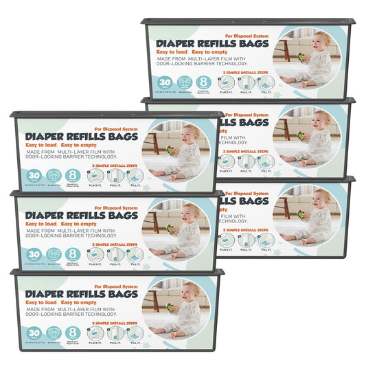 Diaper Pail Refills Bags with 30 Bags Compatible with Genie Easy Roll Signature and Platinum Diaper Pails, 7-Layer Odor-Barrier Technology, 6 Pack (180 Bag)
