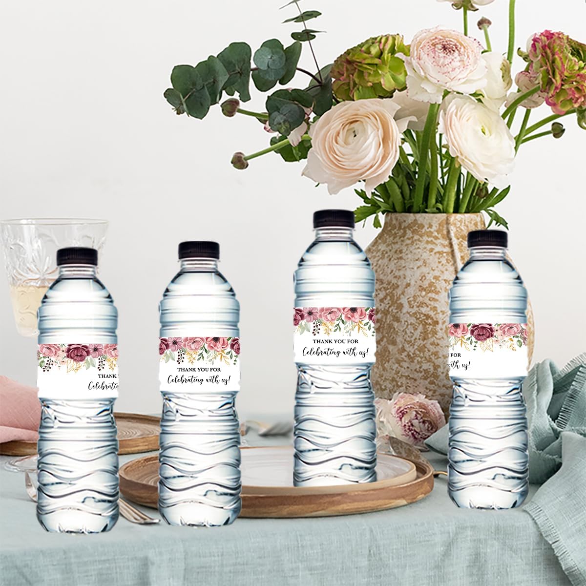 100PCS Wedding Water Bottle Labels Waterproof Greenery Floral Wraps Sticker for Water Bottle Baby Shower Bottle Label for Bridal Shower Party Thanks A14