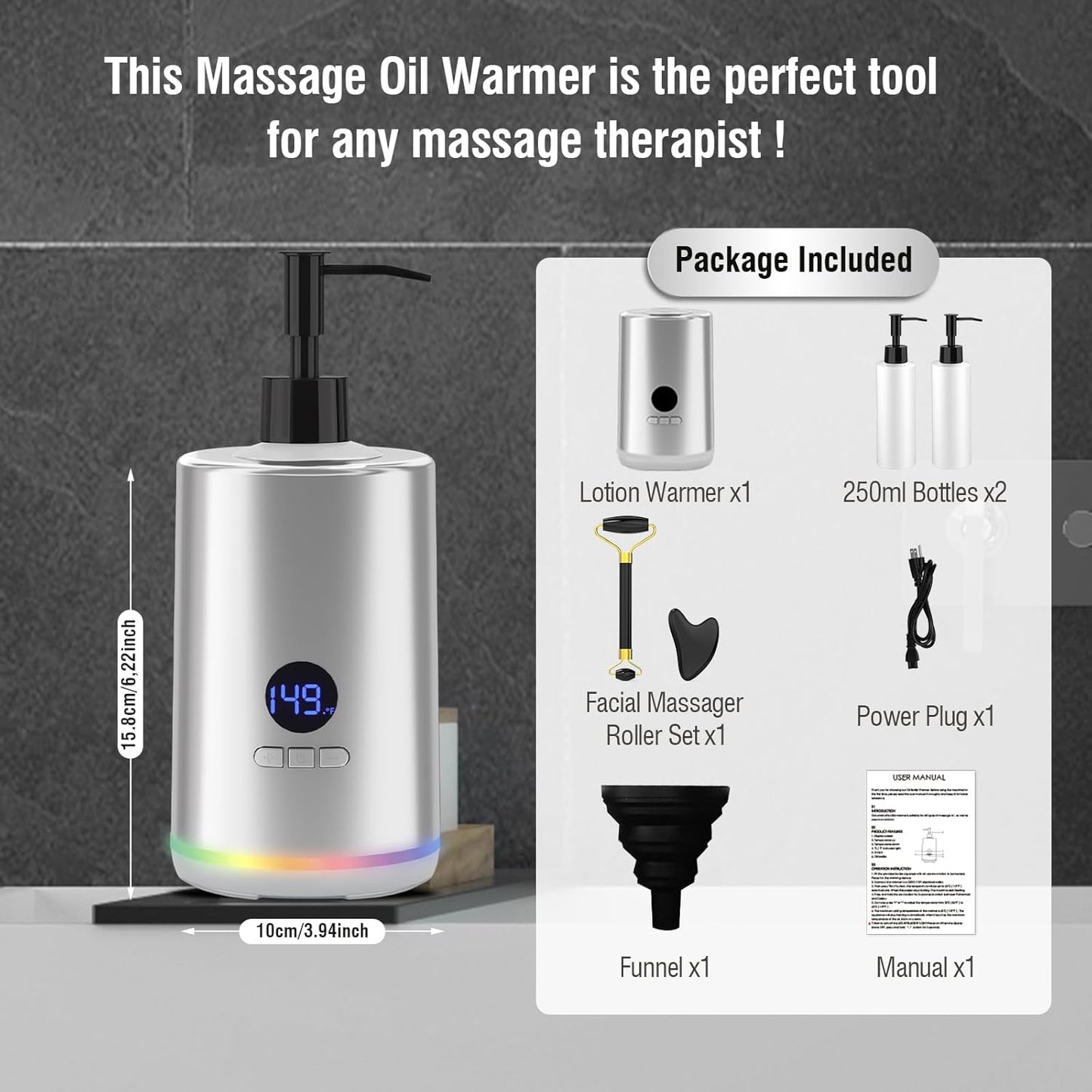 Massage Oil Lotion Warmer, Massage Oil Heater for SPA Massage Therapy and Personal Use, Portable Body Oil Warmer Dispenser with Two Massage Bottles, Adjustable Temperature(86-149°F), Silver
