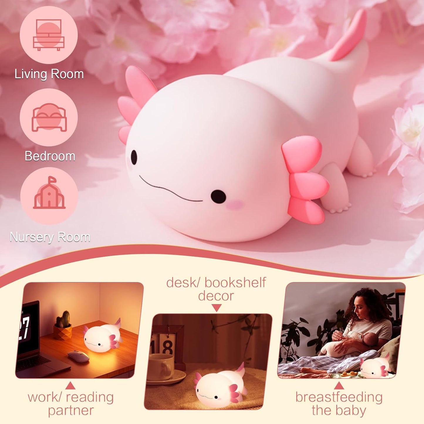 Axolotl Cute Night Light for Kids, Axolotl Lamp Girls Xmas Gifts, Rechargeable Bedside Nightlight, Squishy Dimmable Silicone LED Funny Animal Light, Baby Nursery Dorm Kawaii Décor Toys