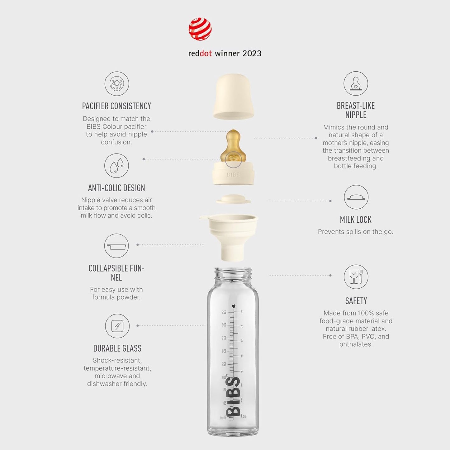 Bibs Baby Glass Bottle Starter Kit 4 Bottles, 3.7 oz & 7.6 oz | Anti-Colic Design, Vented Nipple, Breast-Like Transition | Lab-Grade Borosilicate Glass | Ivory