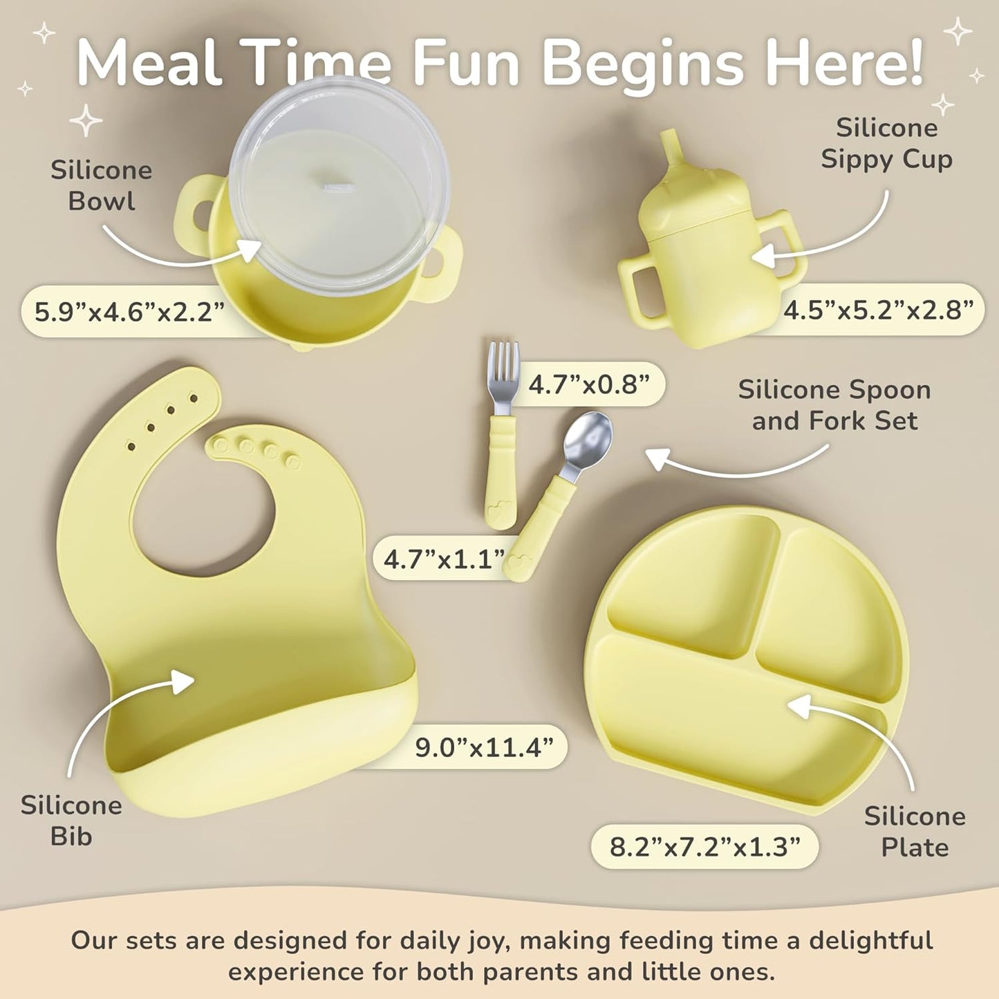 mimi & kiki BPA-Free Silicone Baby Feeding Set, Baby Plates and Bowls Set, Baby Led Weaning Supplies, Silicone Suction Plate, Baby Utensils, Bib and Cup, Self Feeding, Dishwasher Safe (Yellow)